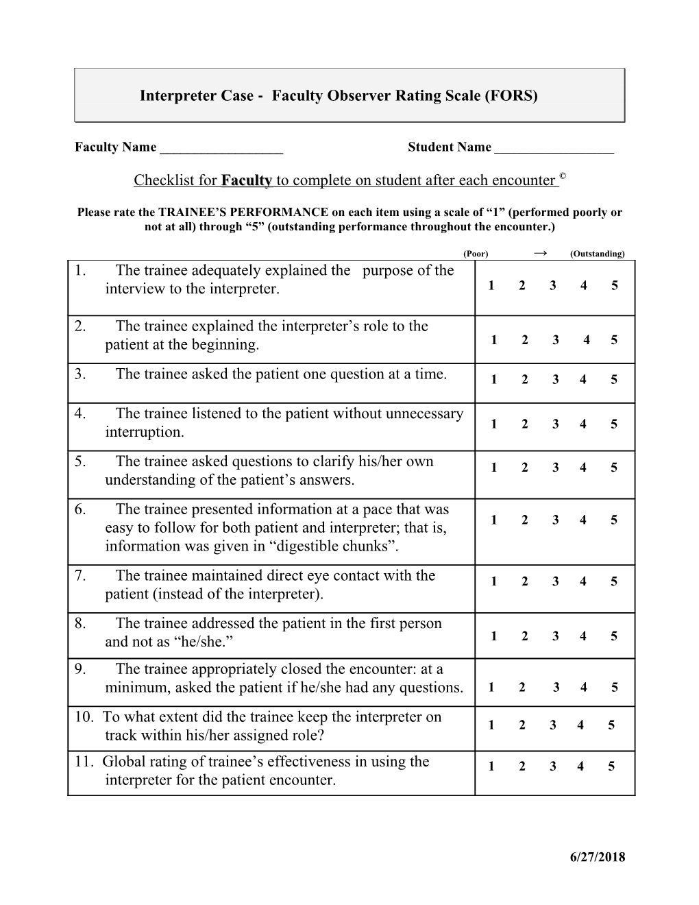Interpreter Case - Faculty Observer Rating Scale (FORS)
