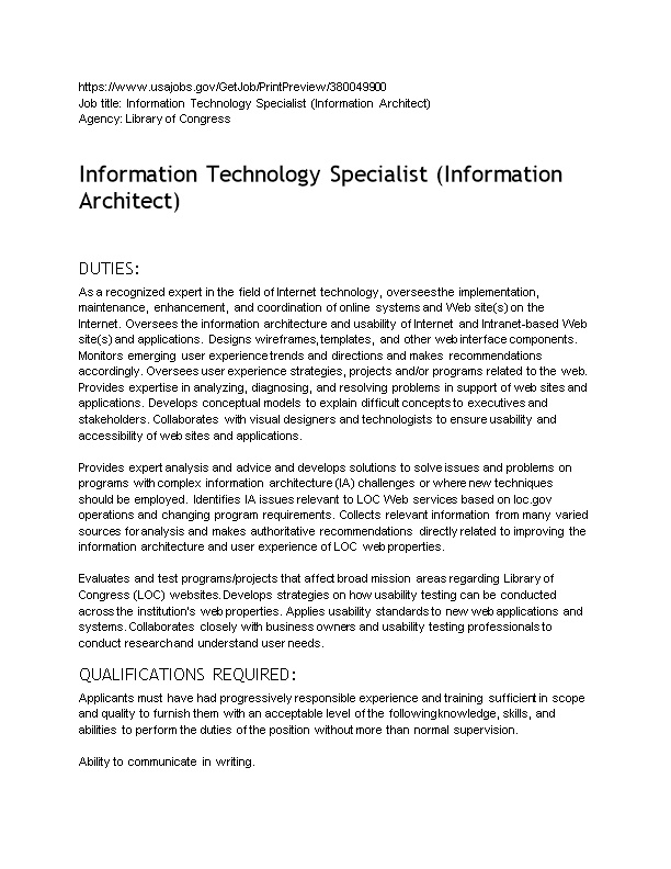 Job Title: Information Technology Specialist (Information Architect)