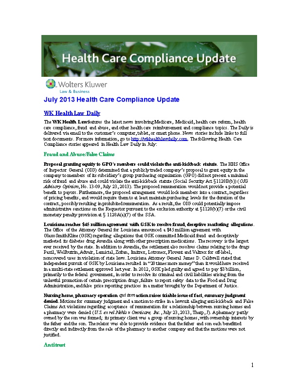 July 2013 Health Care Compliance Update