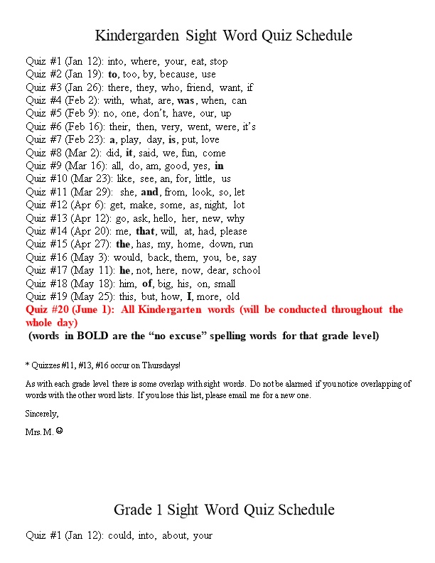 K-3 Spelling Quiz Schedule