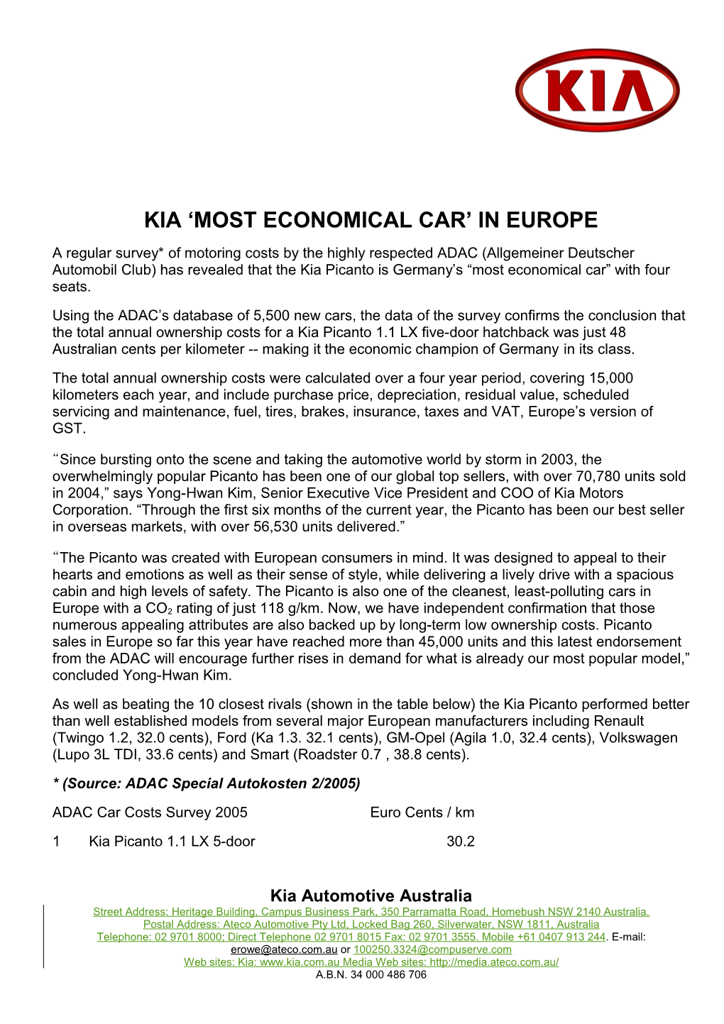 Kia Most Economical Car in Europe