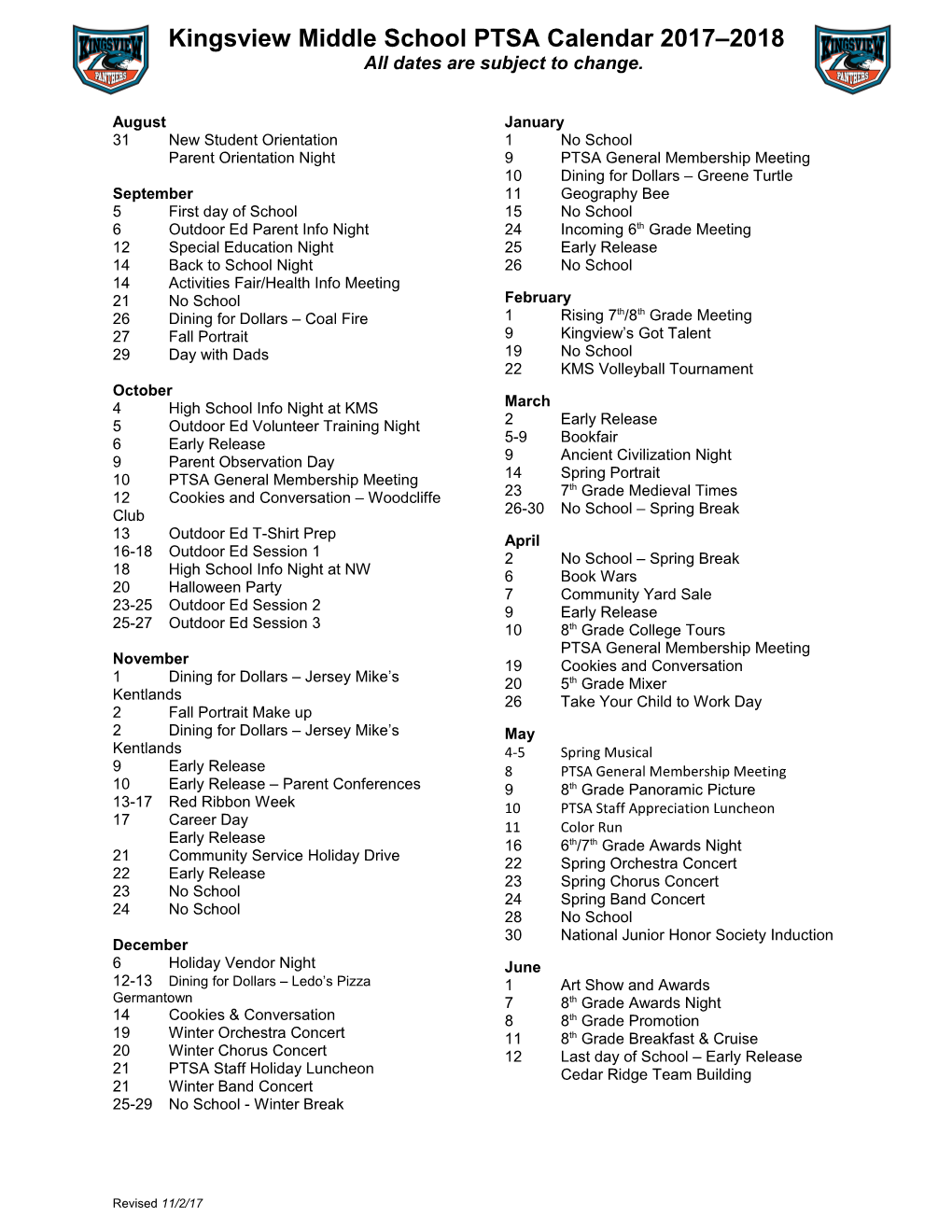 Kingsview Middle School PTSA Calendar 2017 2018