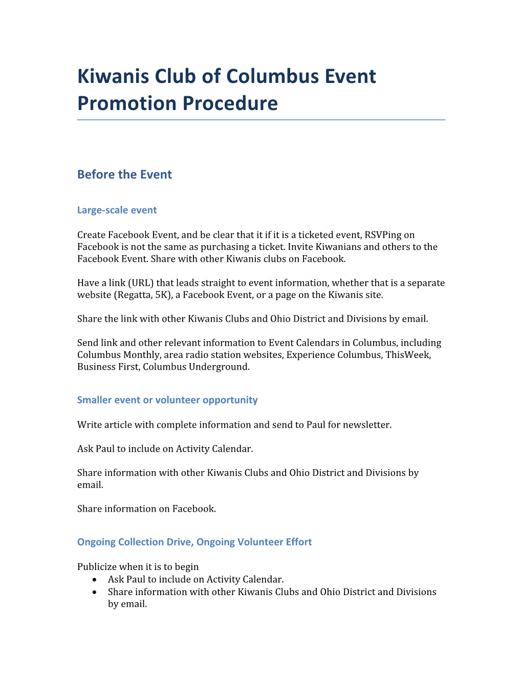 Kiwanis Club of Columbus Event Promotion Procedure
