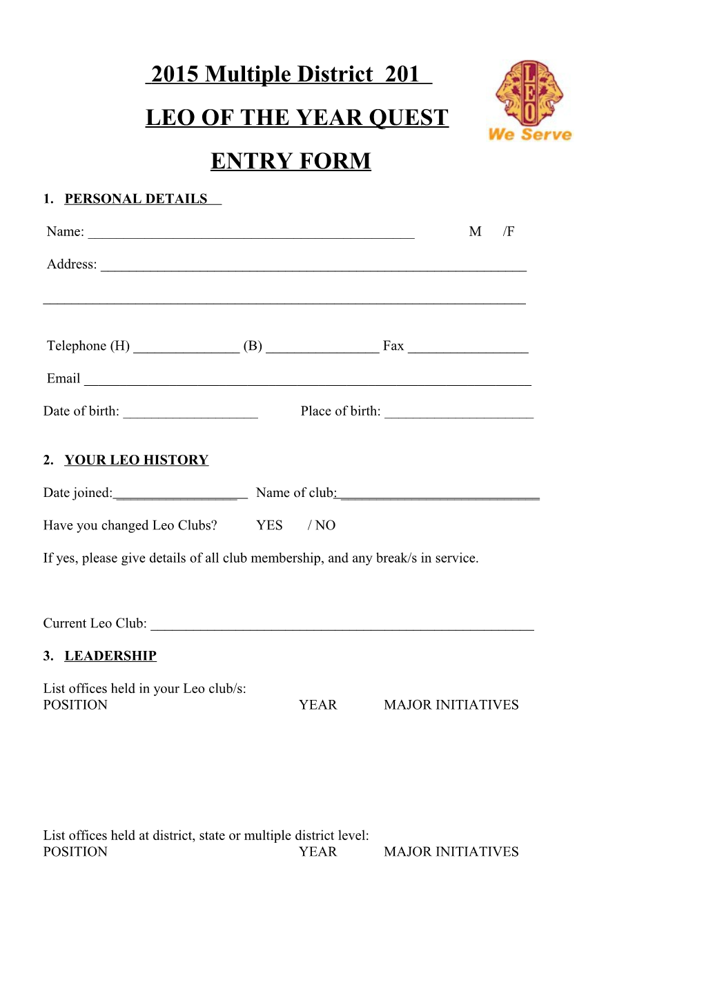 Leo of the Year Entry Form