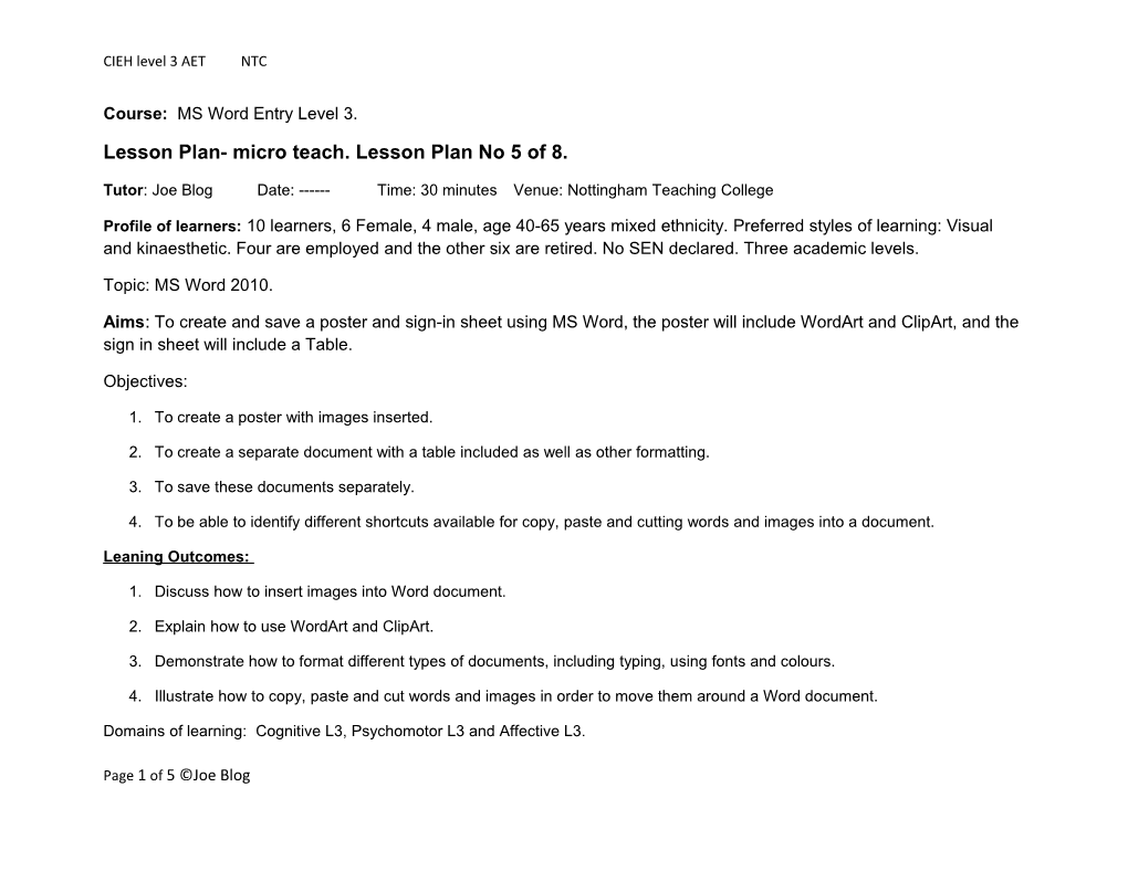 Lesson Plan- Micro Teach. Lesson Plan No 5 of 8