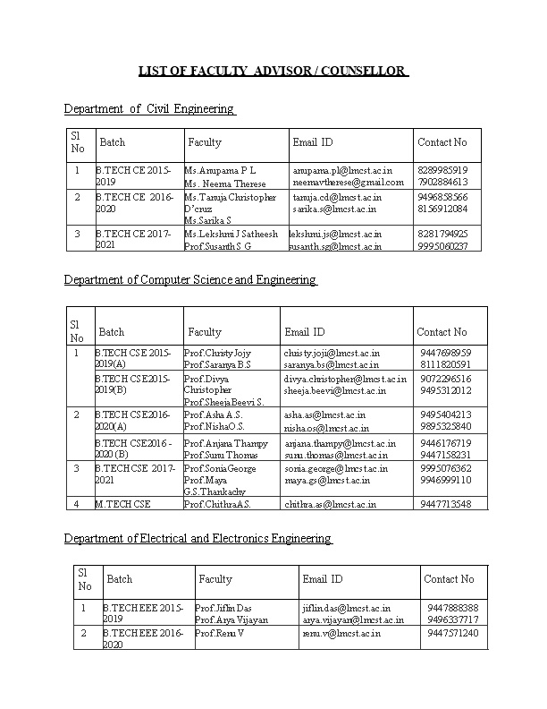 List of Faculty Advisor / Counsellor