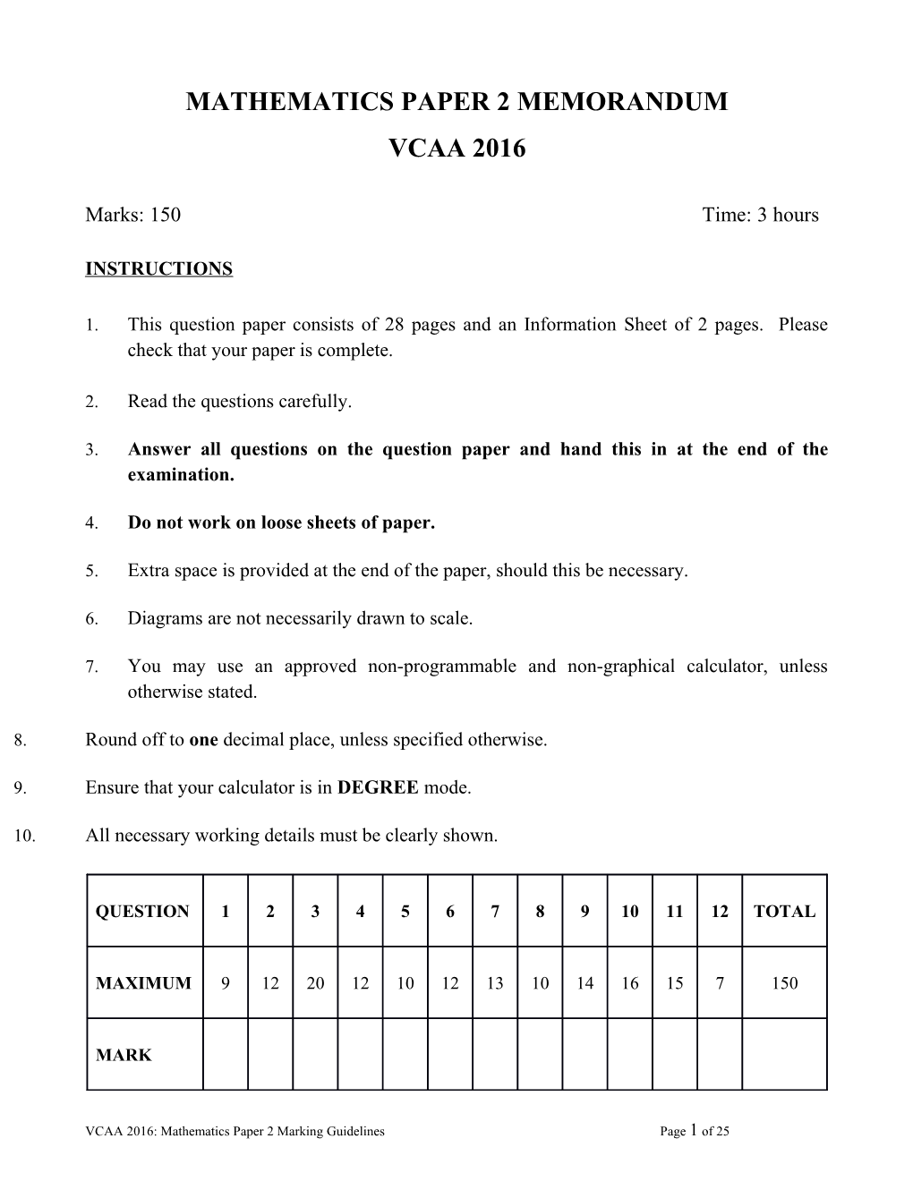 Mathematics Paper 2 Memorandum