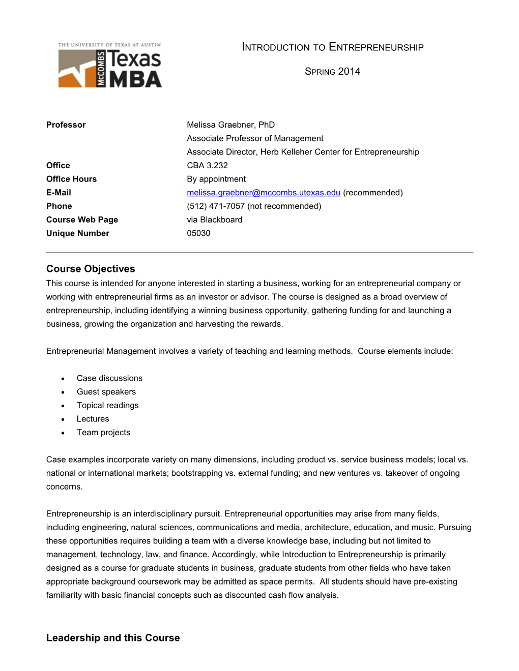 MBA 385 - Introduction to Entrepreneurship - Graebner - 05030