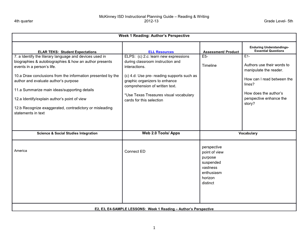 Mckinney ISD Instructional Planning Guide Reading & Writing