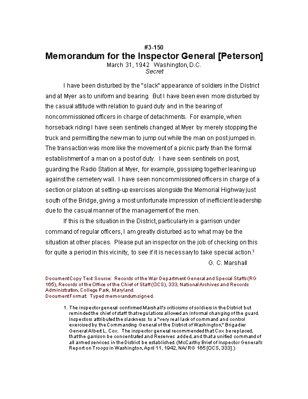 Memorandum for the Inspector General Peterson