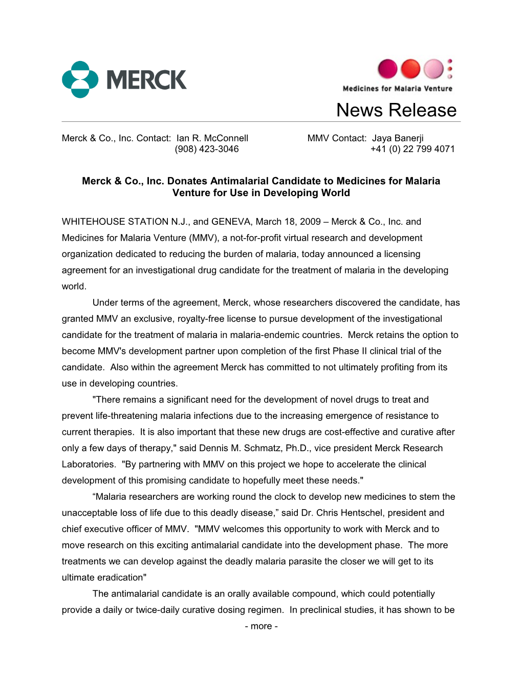 Merck & Co., Inc. Donates Antimalarial Candidate to Medicines for Malaria Venture For