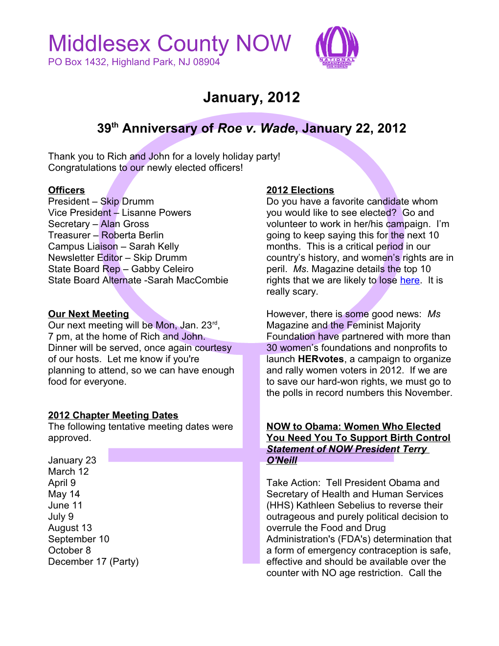 Middlesex County NOW Newsletter, January 2012