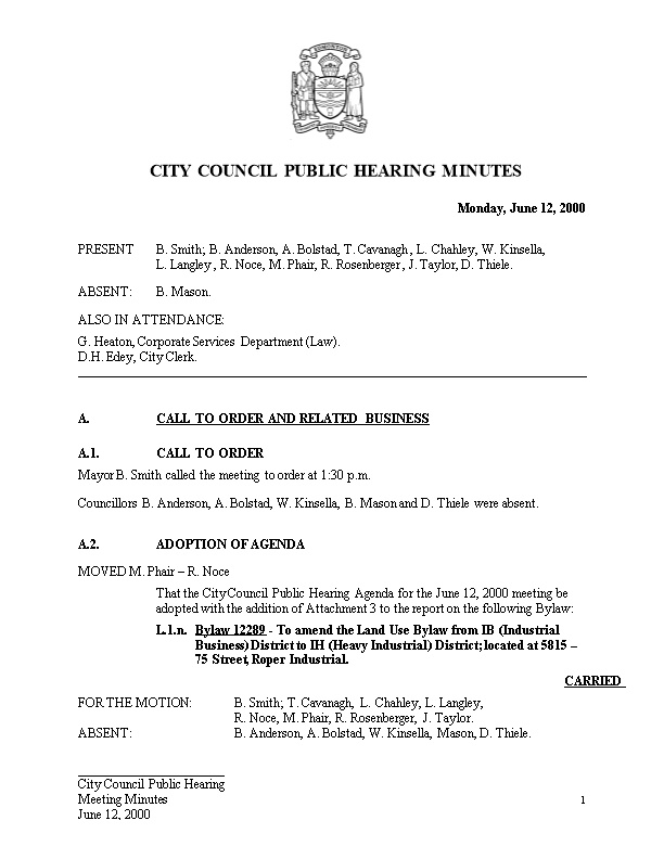 Minutes for City Council June 12, 2000 Meeting