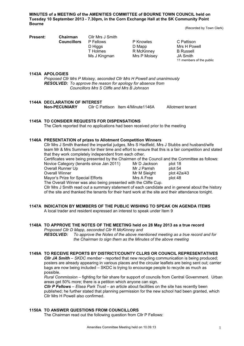 MINUTES of a MEETING of the AMENITIES COMMITTEE of BOURNE TOWN COUNCIL Held on Tuesday