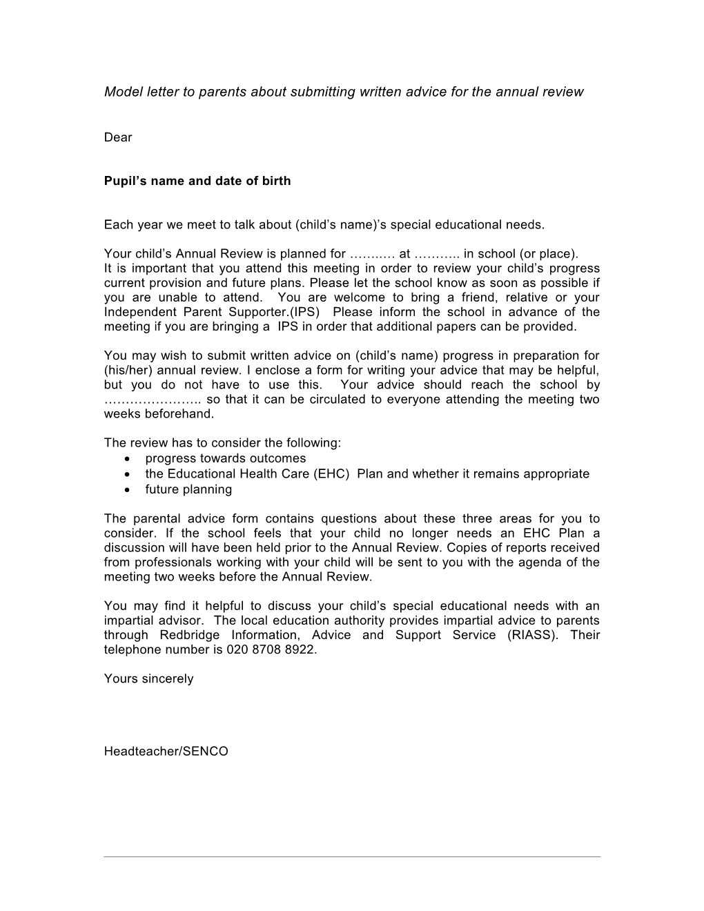 Model Letter to Professionals About Submitting Written Advice for the Annual Review