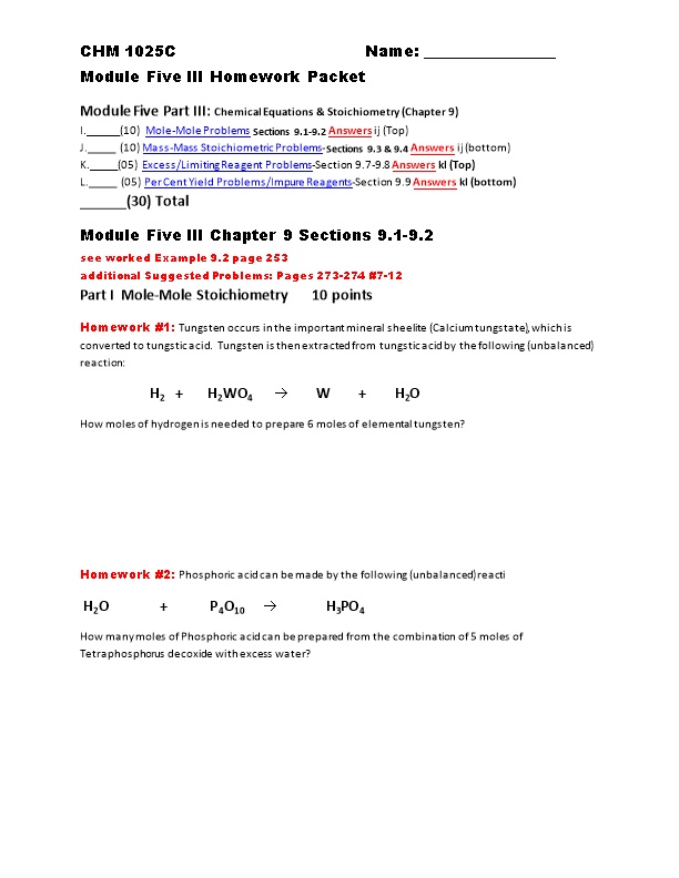 Module Five Part III: Chemical Equations & Stoichiometry (Chapter 9)