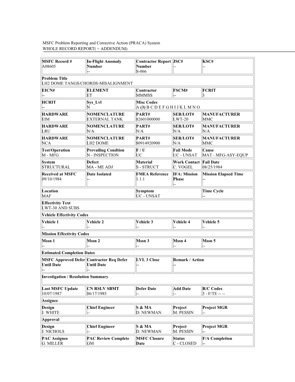 MSFC Problem Reporting and Corrective Action (PRACA) System s7