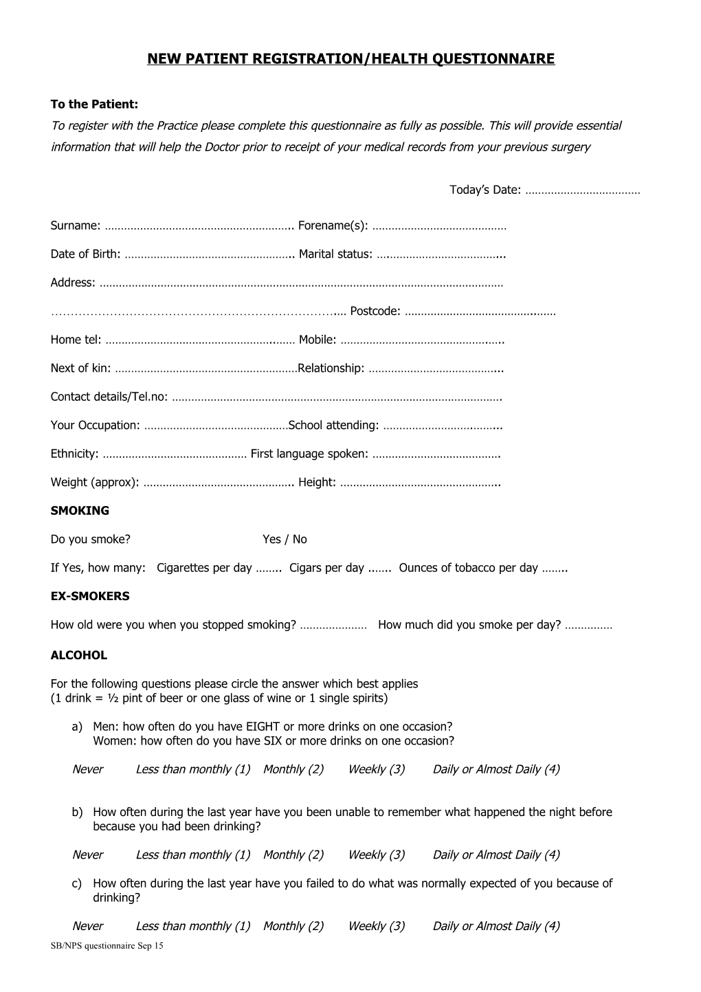New Patient Registration/Health Questionnaire