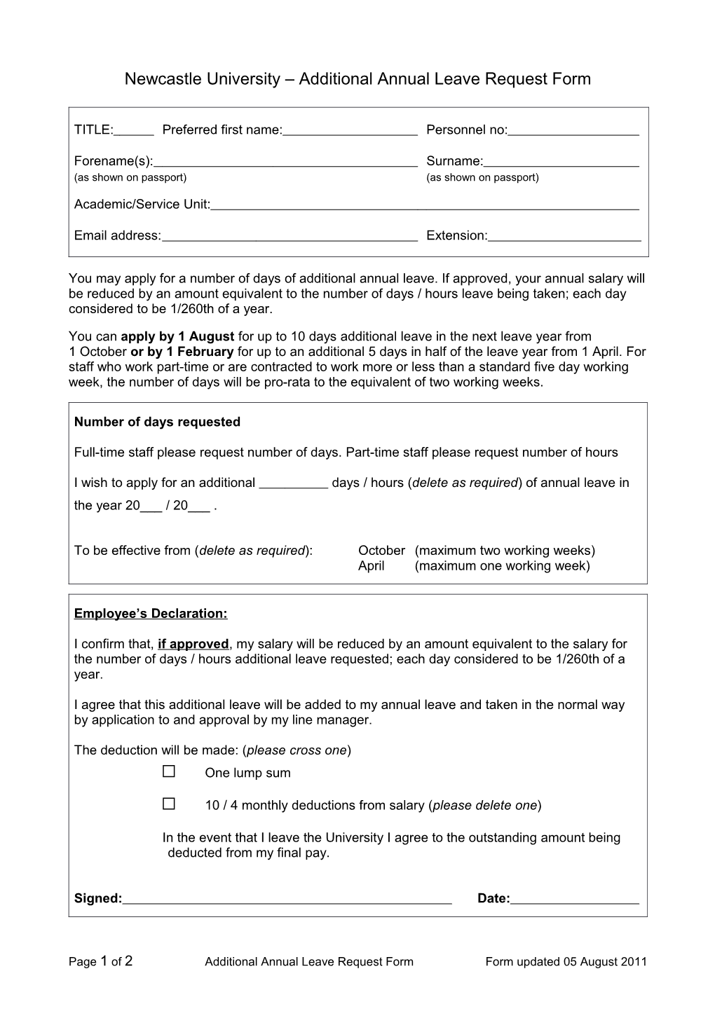 Newcastle University Additional Annual Leave Request Form