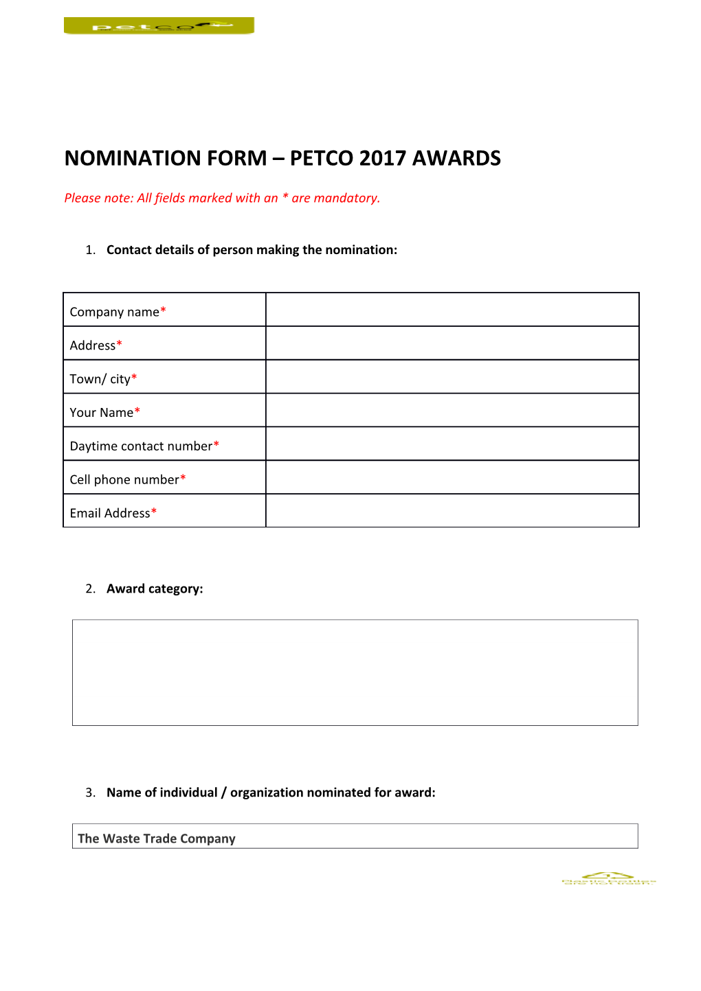 Nomination Form Petco 2017 Awards