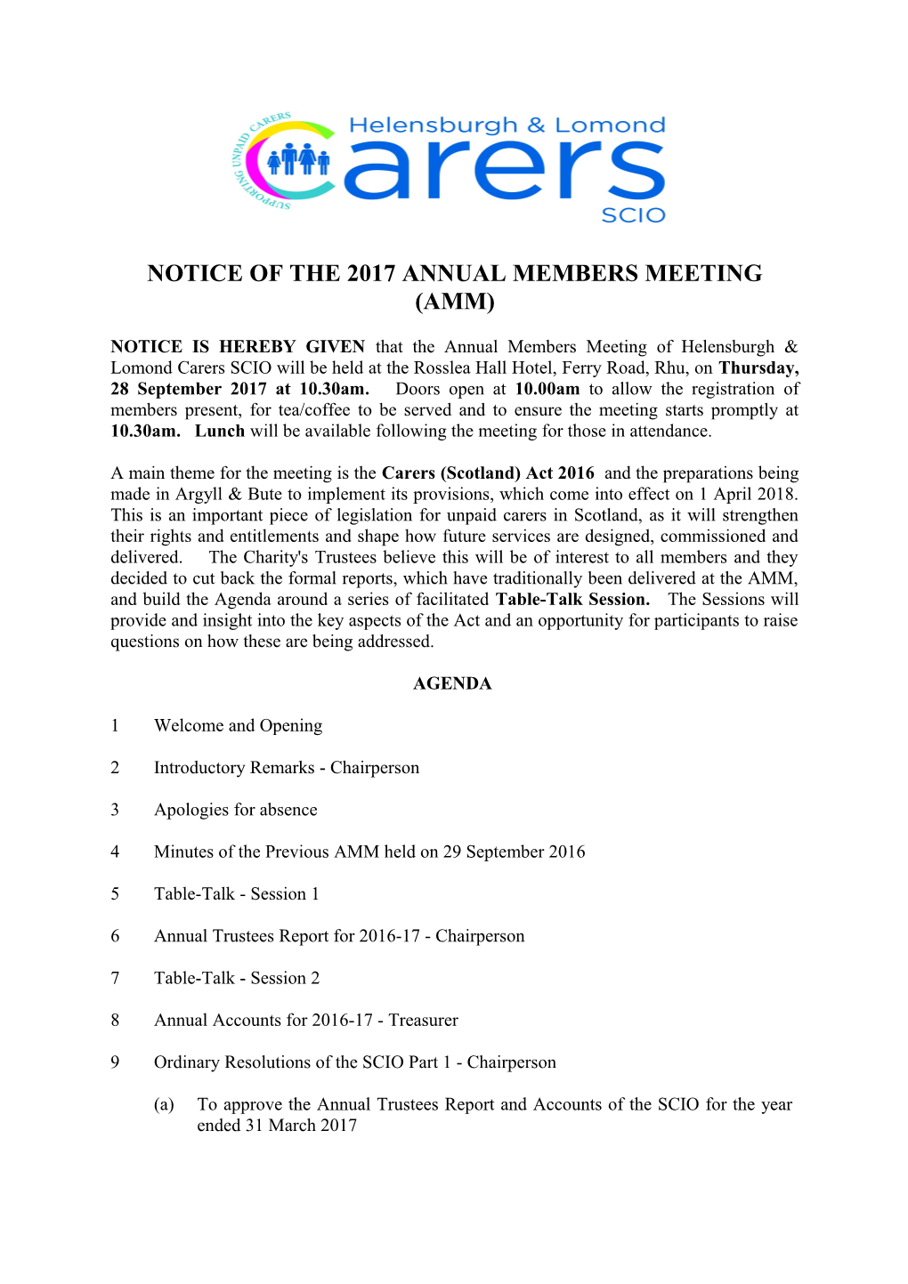Notice of the 2017 Annual Members Meeting (Amm)