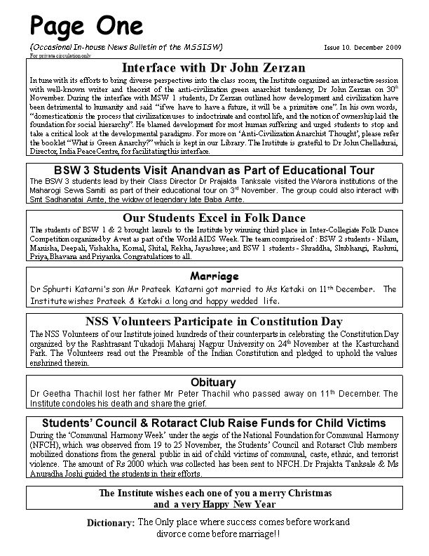 (Occasional In-House News Bulletin of the MSSISW) Issue 10. December 2009