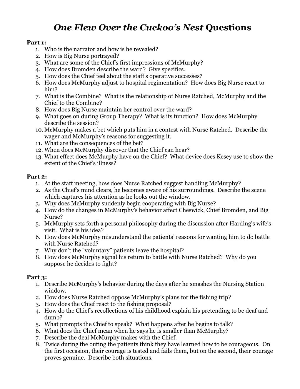 One Flew Over The Cuckoo’S Nest Questions DocsLib