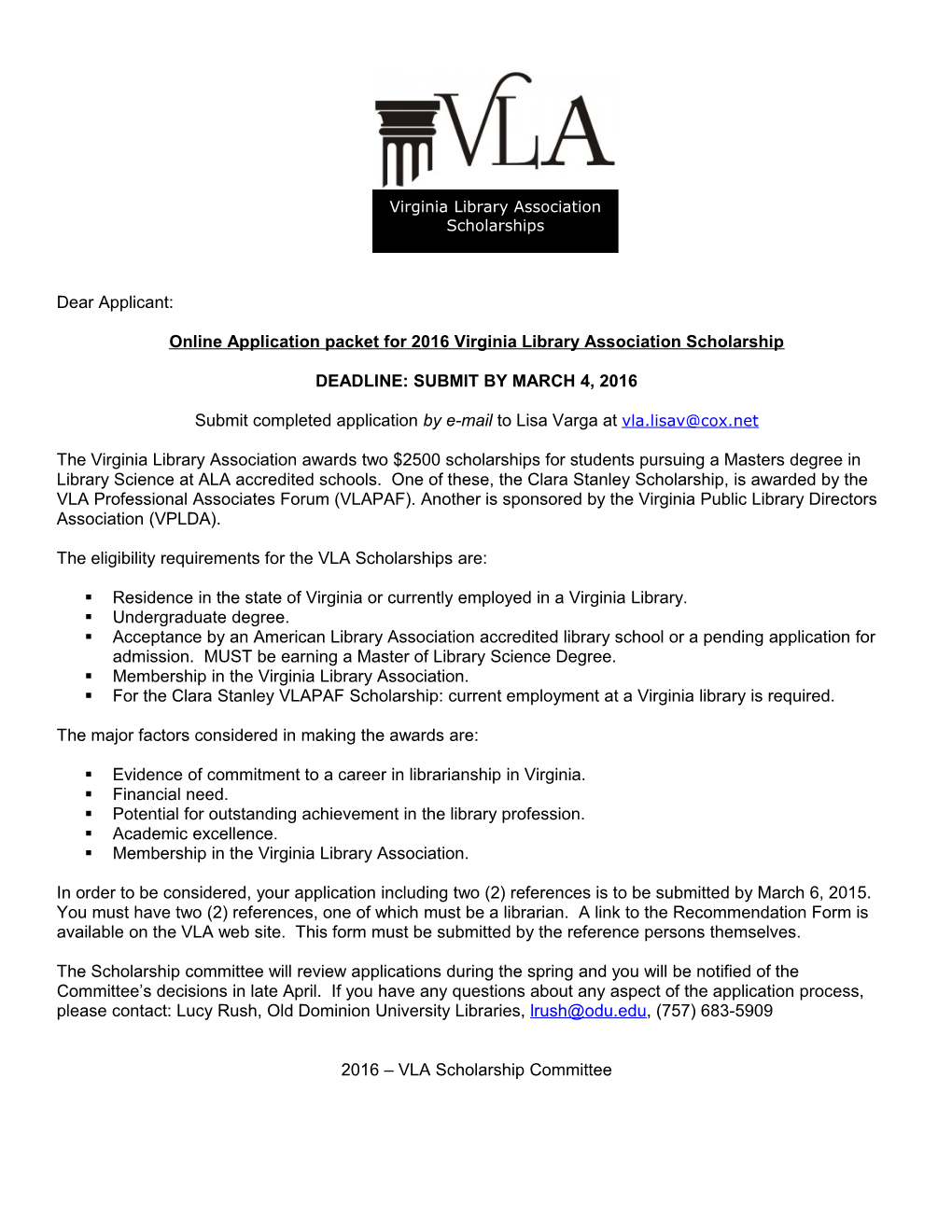 Online Application Packet for 2016 Virginia Library Association Scholarship