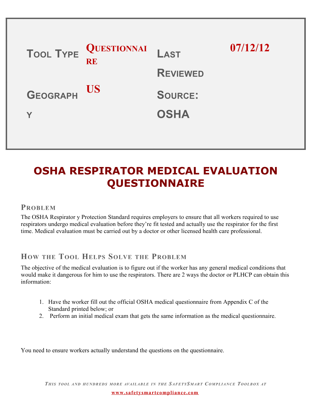 Osha Respirator Medical Evaluation Questionnaire