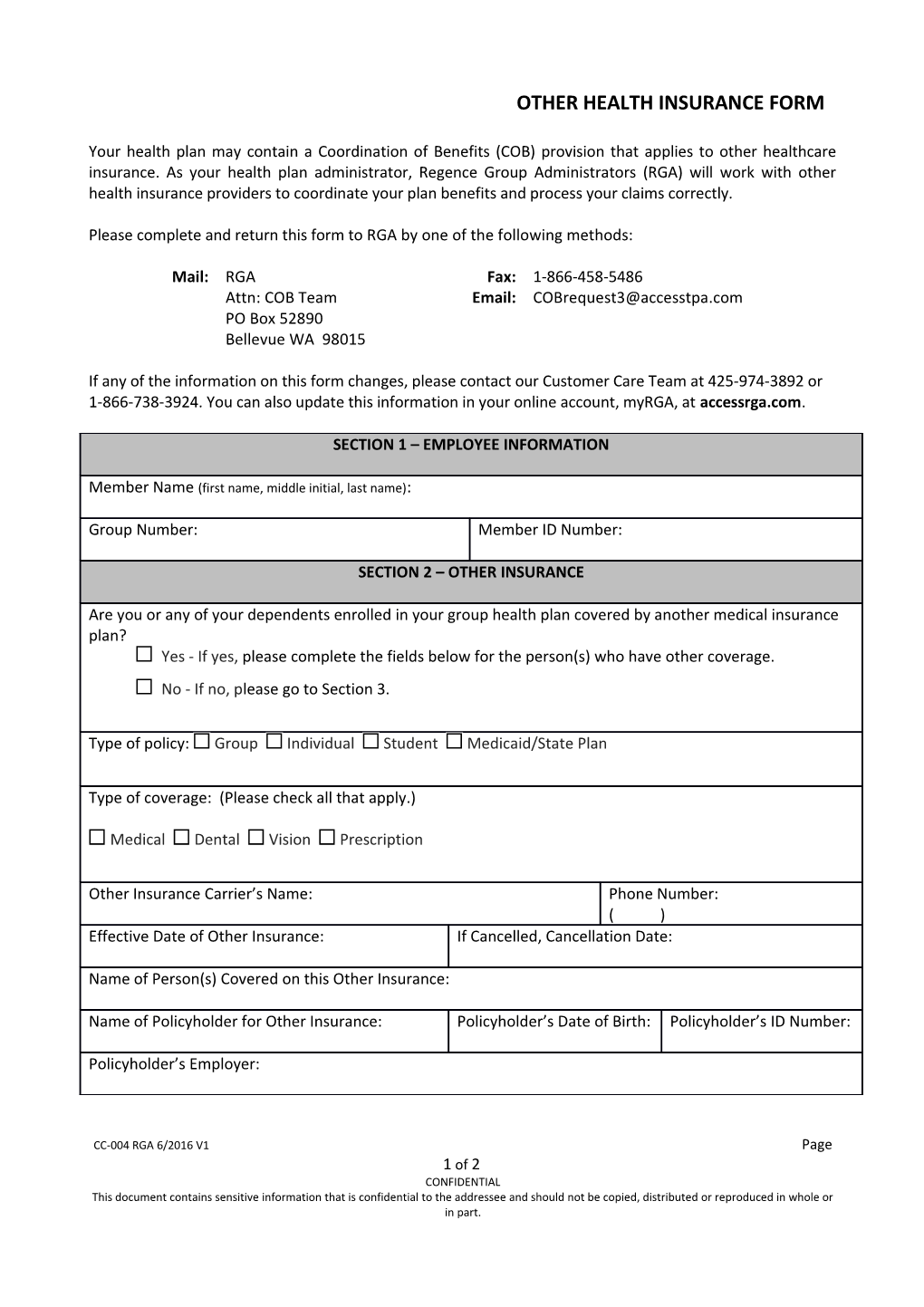 Other Health Insurance Form