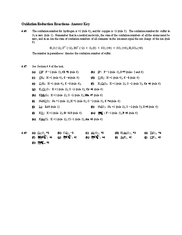 Oxidation Reduction Reactions- Answer Key