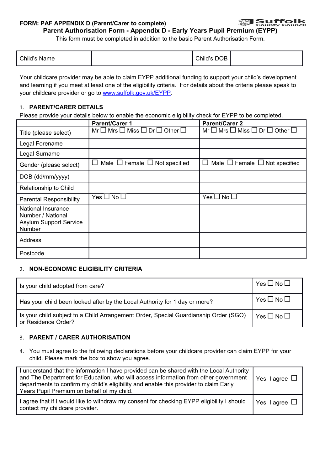 Parent Authorisation Form - Appendix D- Early Years Pupil Premium (EYPP)
