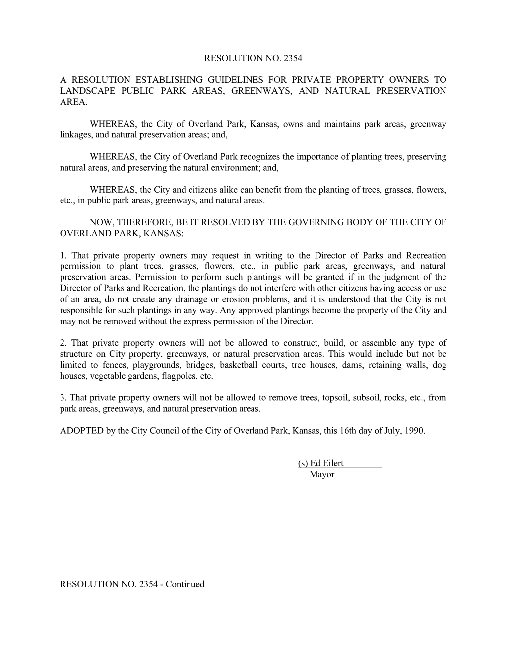Parks, Landscaping by Private Property Owners - Resolution No. 2354 - July 17, 1990