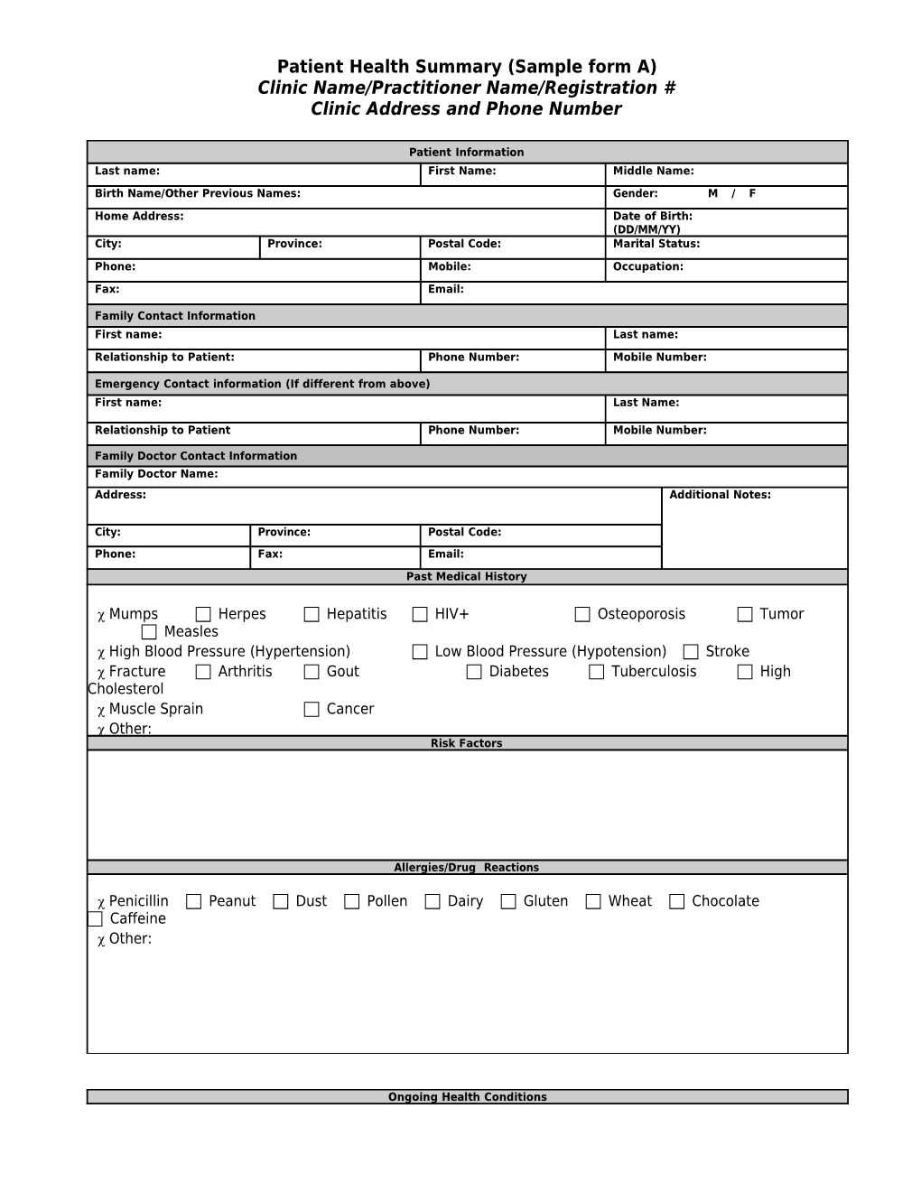 Patient Health Summary (Sample Form A)
