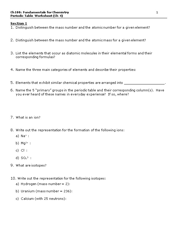 Periodic Table Worksheet (Ch 4)
