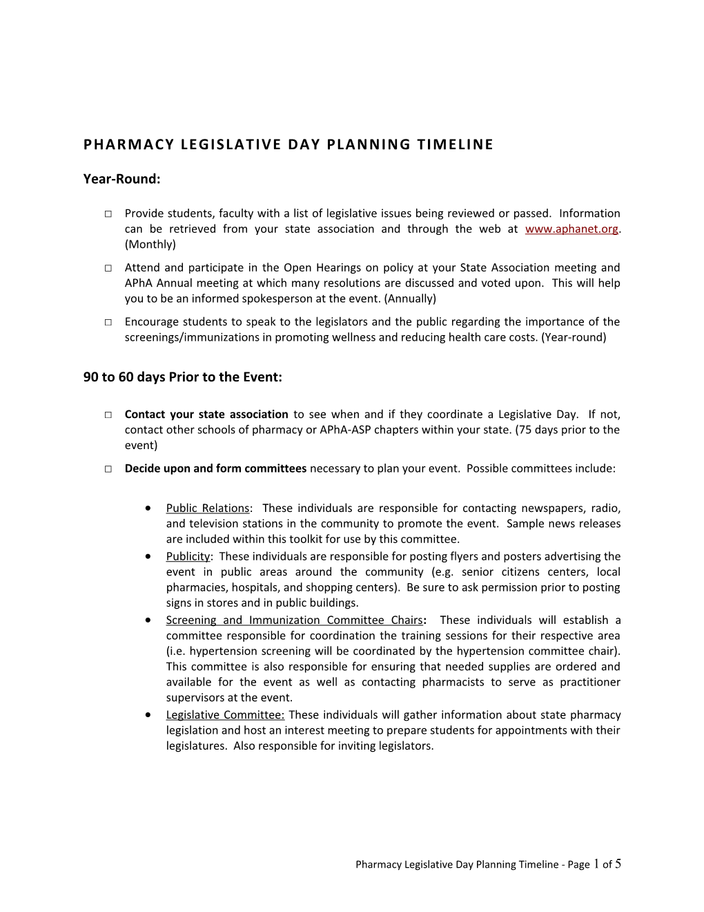 Pharmacy Legislative Day Planning Timeline
