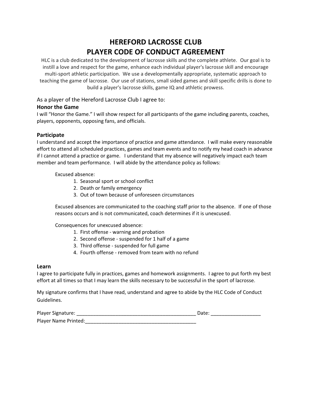 Player Code of Conduct Agreement
