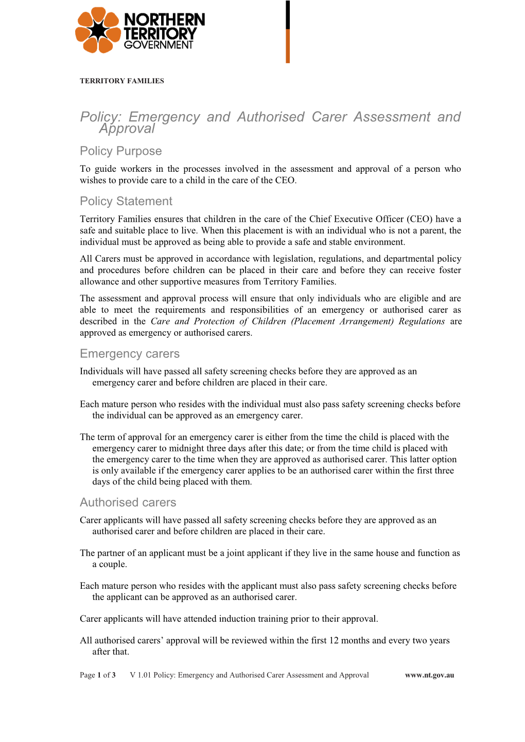 Policy: Emergency and Authorised Carer Assessment and Approval