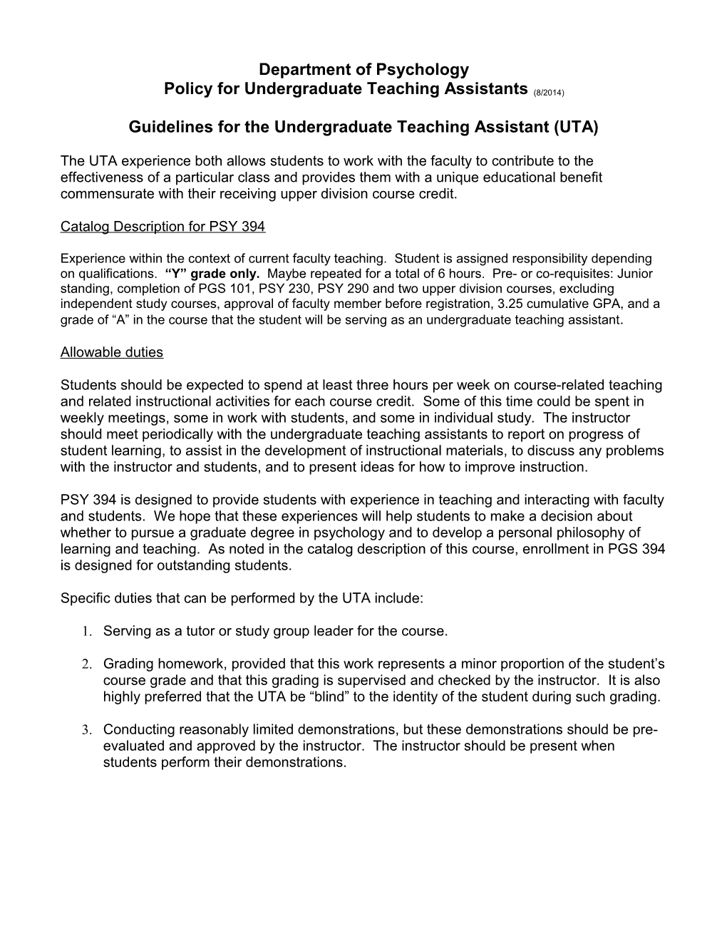 Policy for Undergraduate Teaching Assistants