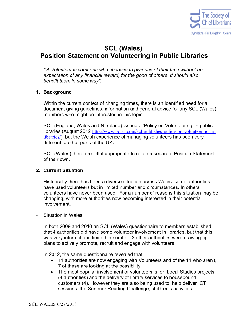 Position Statement on Volunteering in Public Libraries