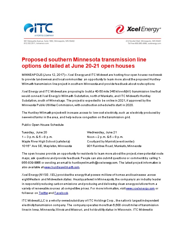 Proposed Southern Minnesota Transmission Line Options Detailed at June 20-21 Open Houses