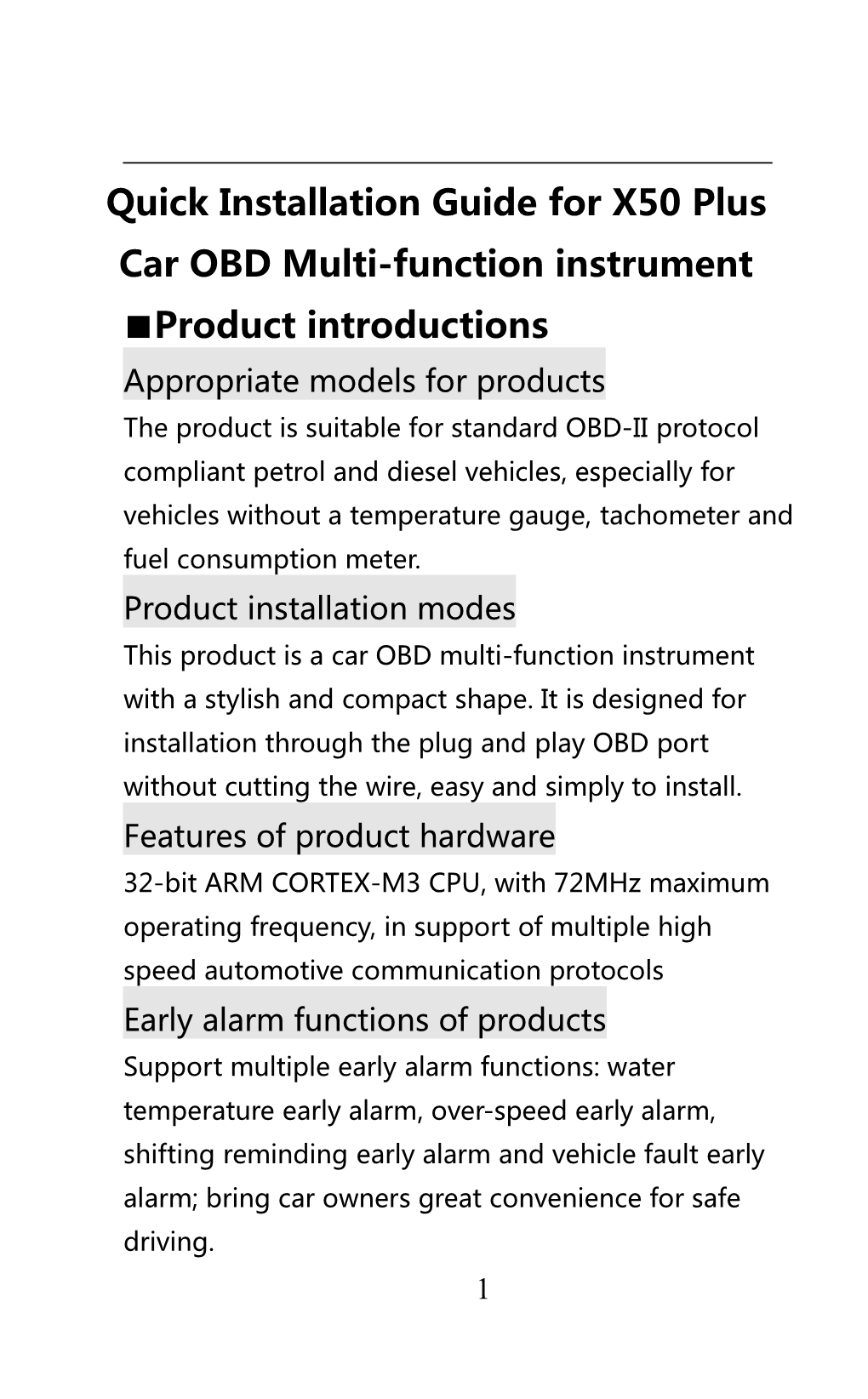 Quick Installation Guide for X50 Plus Car OBD Multi-Function Instrument