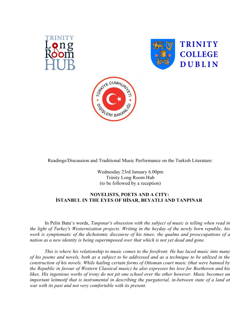 Readings/Discussion and Traditional Music Performance on the Turkish Literature