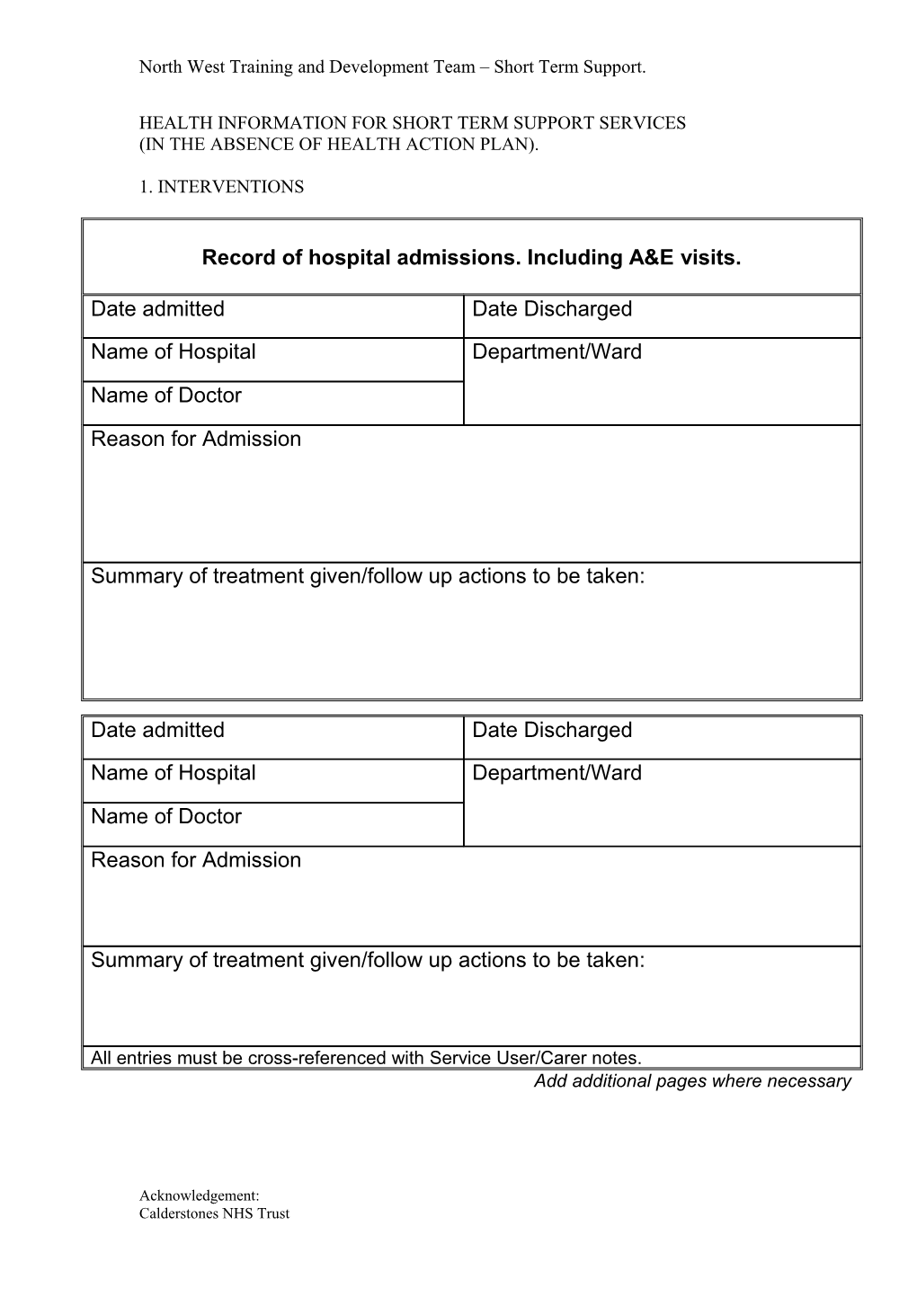 Record of Hospital Admissions