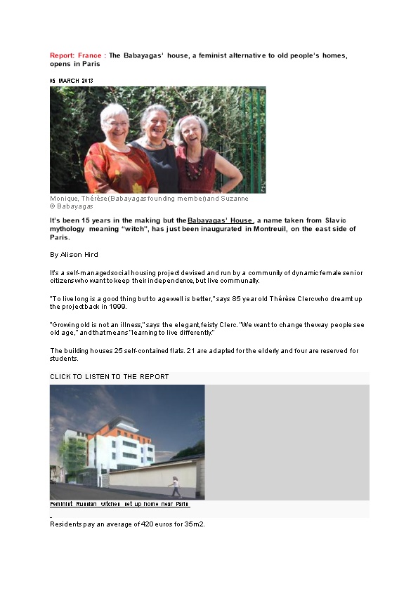 Report: France :The Babayagas House, a Feminist Alternative to Old People S Homes, Opens
