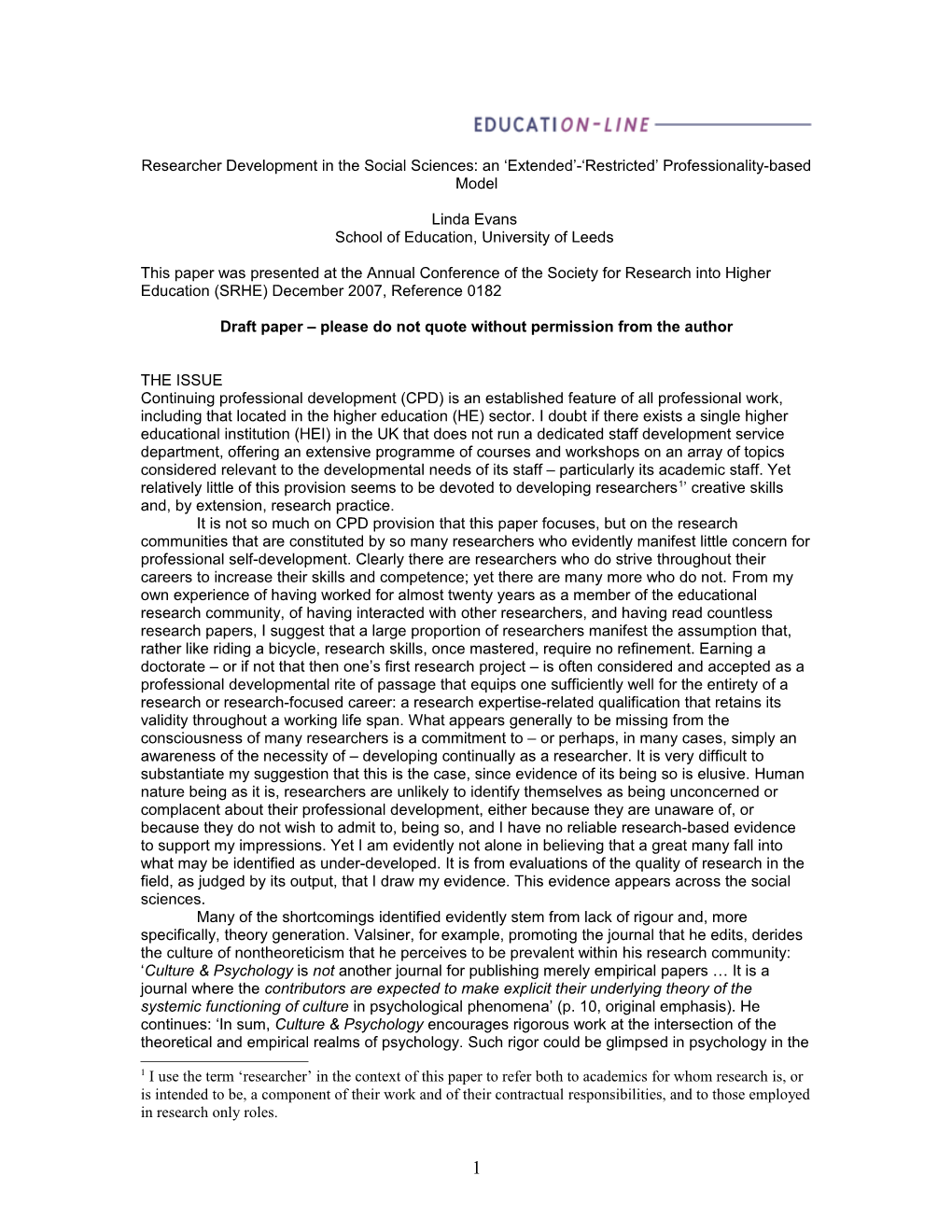 Researcher Development in the Social Sciences: an Extended - Restricted Professionality-Based