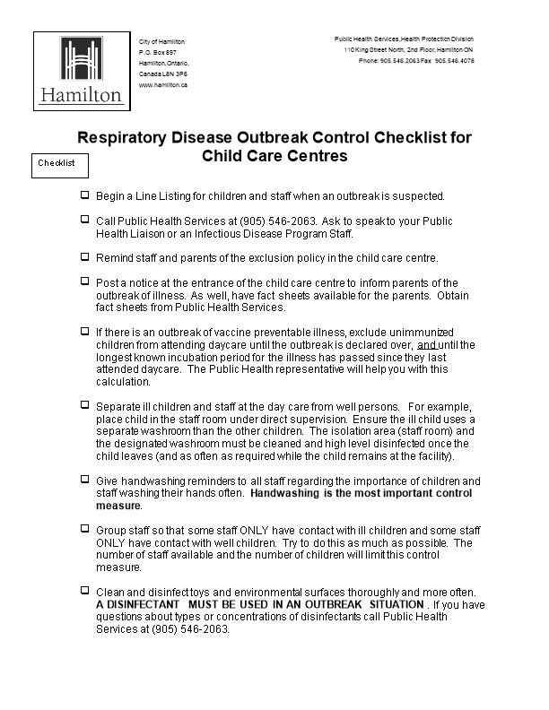 Respiratory Outbreak Control Checklist for Child Care Centres
