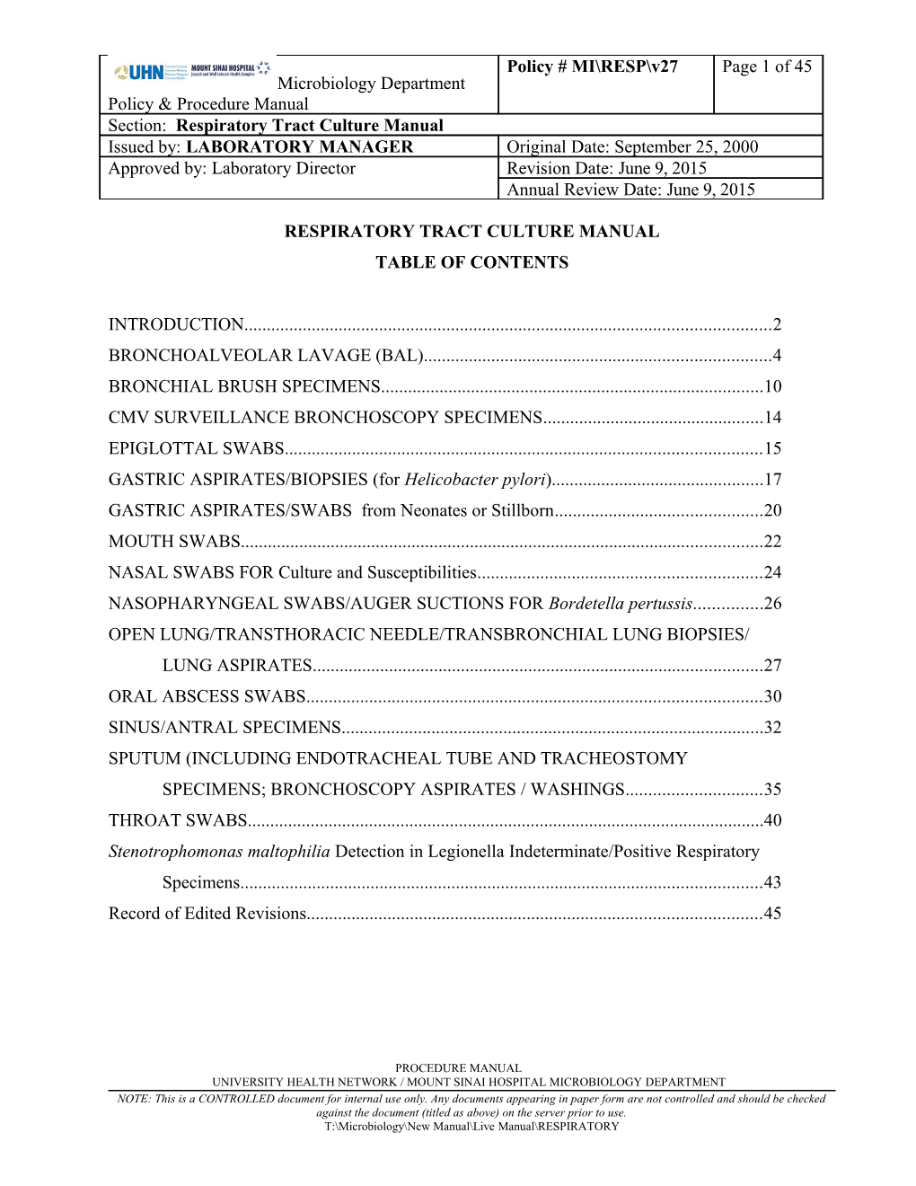 Respiratory Tract Culture Manual