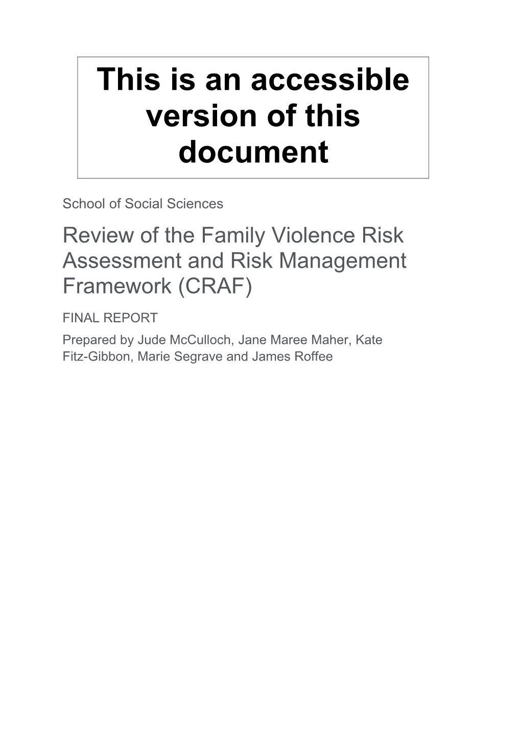 Review of the Family Violence Risk Assessment and Risk Management Framework (CRAF)