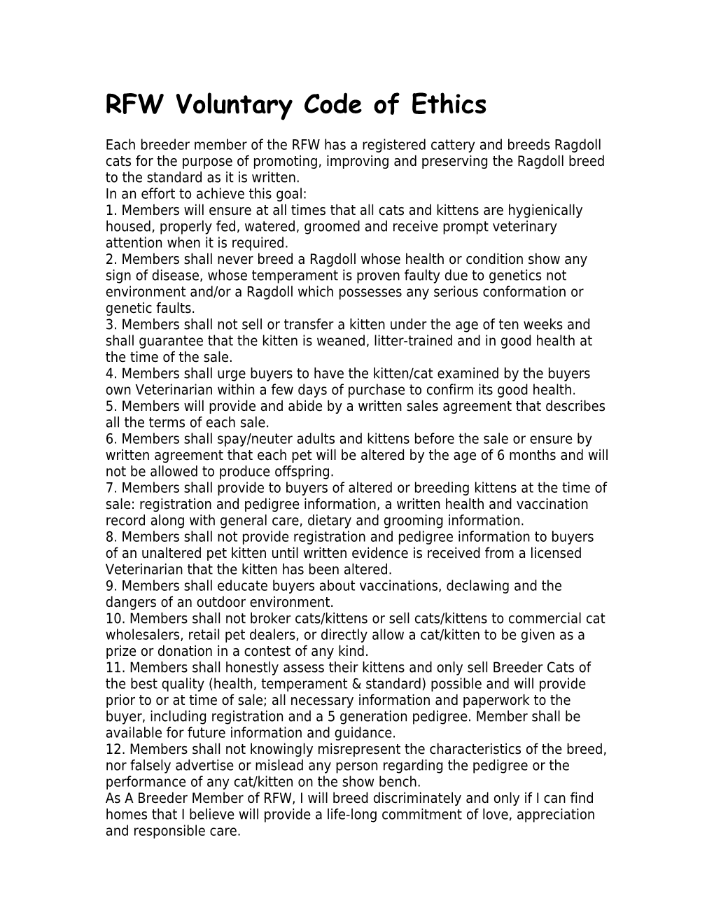 RFW Voluntary Code of Ethics